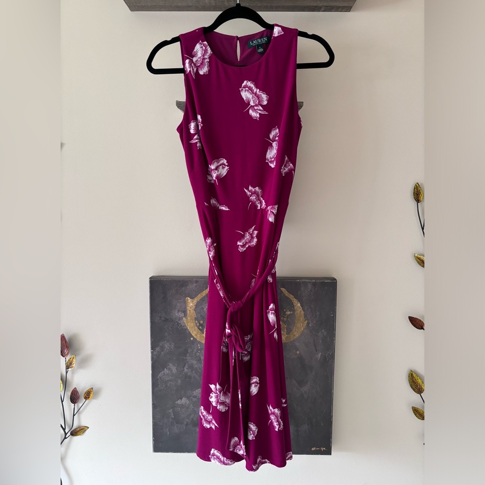 -Lauren Ralph Lauren Sleeveless Floral Printed Self Tie Midi Dress Size 4/Small